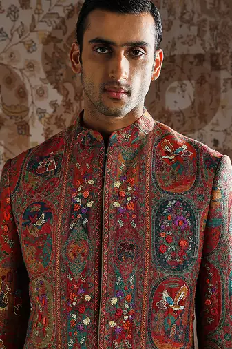 Red embroidered pashmina indo western set