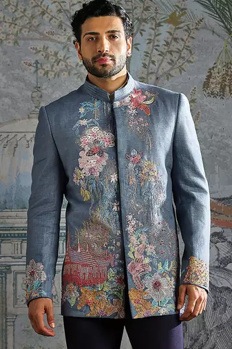 blue embroidered linen jodhpuri suit for men