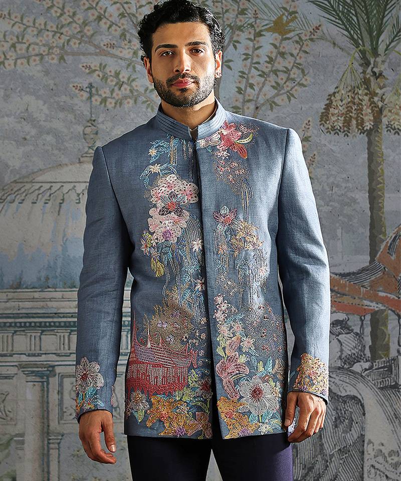 Blue embroidered linen bandhgala set