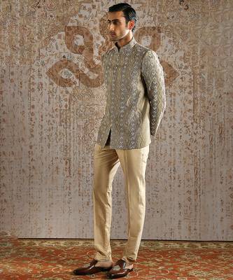 beige bandhgala woven jacquard set for men 2
