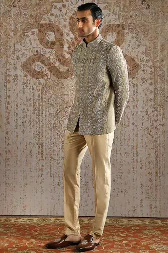 beige bandhgala woven jacquard set for men