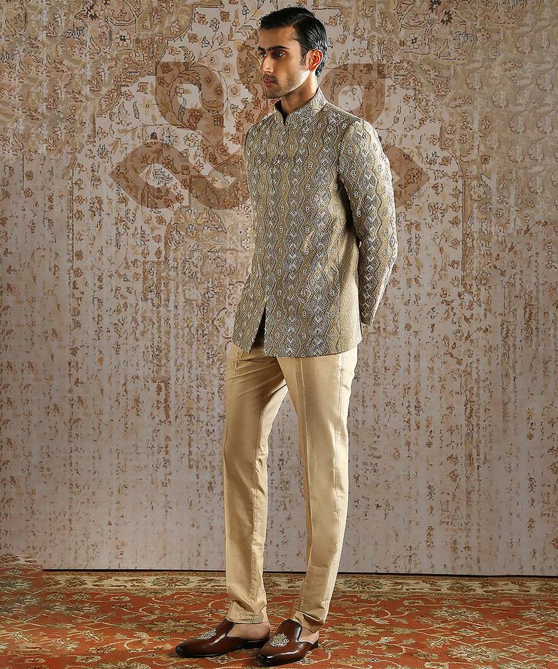 Champagne jacquard bandhgala set