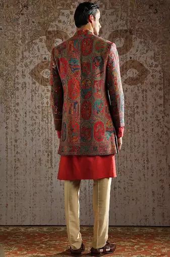 Red embroidered pashmina indo western set