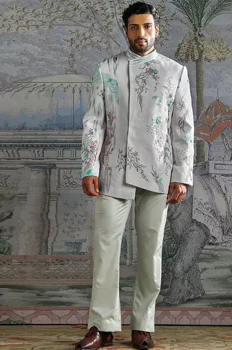 Frost White embroidered linen bandhgala set