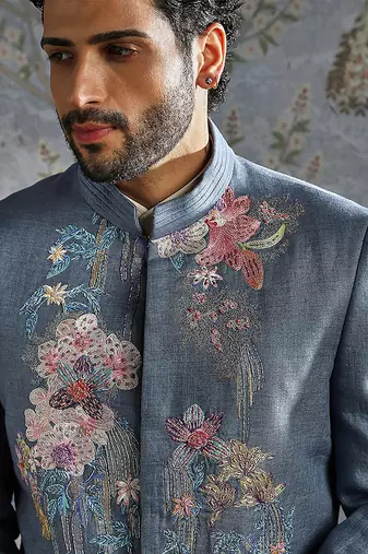 blue embroidered linen jodhpuri suit for men