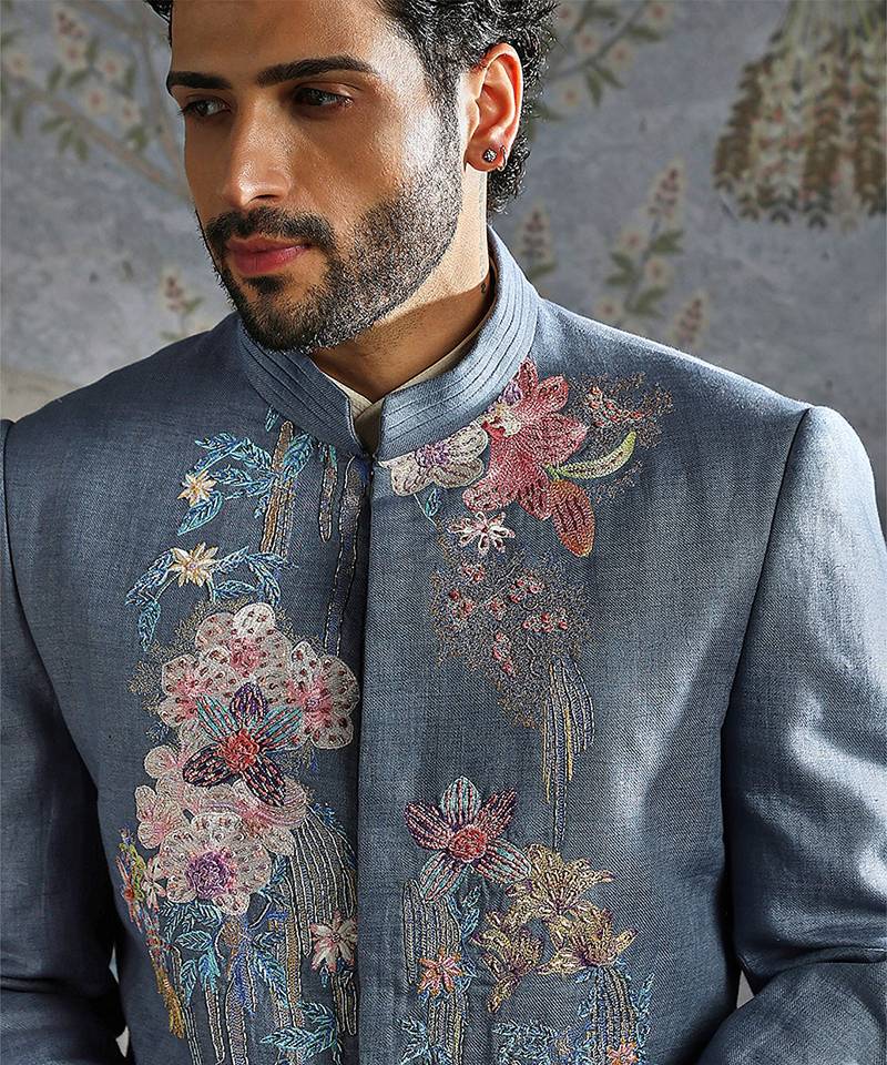 Blue embroidered linen bandhgala set