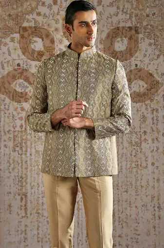 beige bandhgala woven jacquard set for men