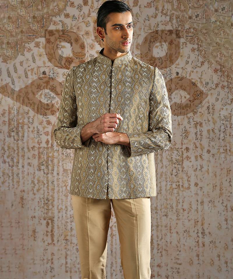 Champagne jacquard bandhgala set