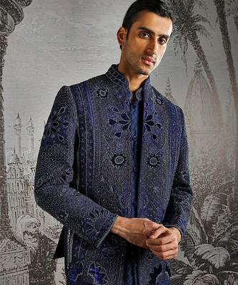 blue embroidered raw silk bandhgala set for men 3