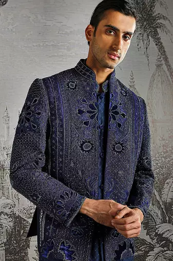 blue embroidered raw silk bandhgala set for men