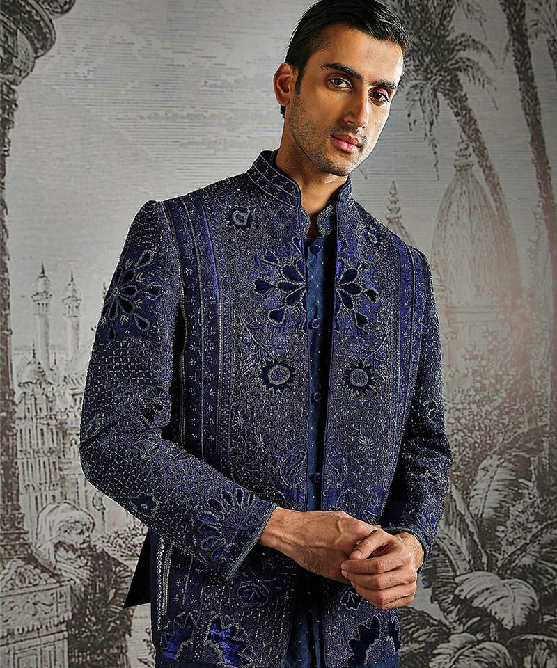 Blue embroidered raw silk bandhgala set