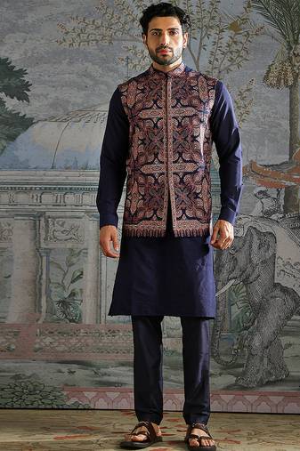 Navy Blue embroidered pashmina kurta bundi set