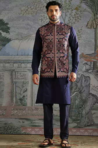 Navy Blue embroidered pashmina kurta bundi set