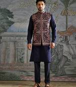 Navy Blue embroidered pashmina kurta bundi set