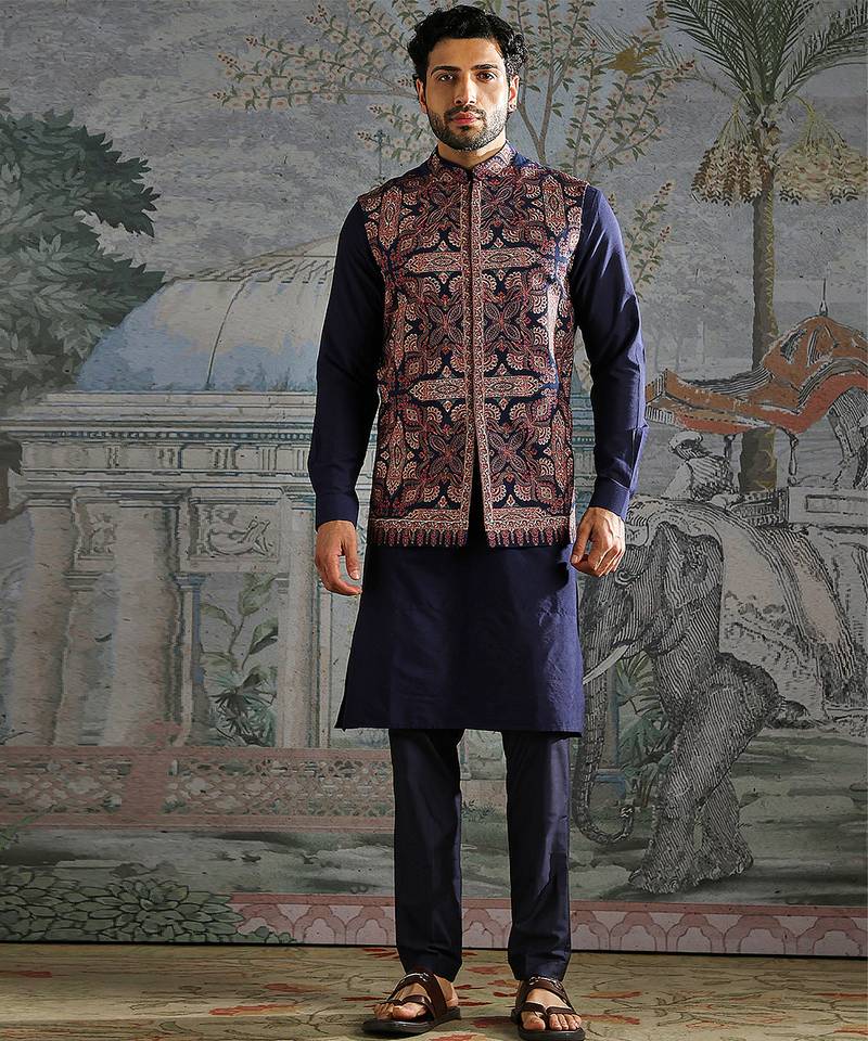 Navy Blue embroidered pashmina kurta bundi set