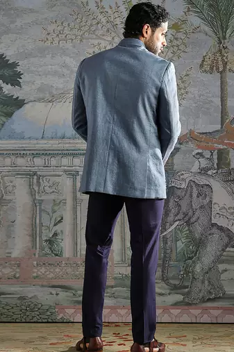 blue embroidered linen jodhpuri suit for men