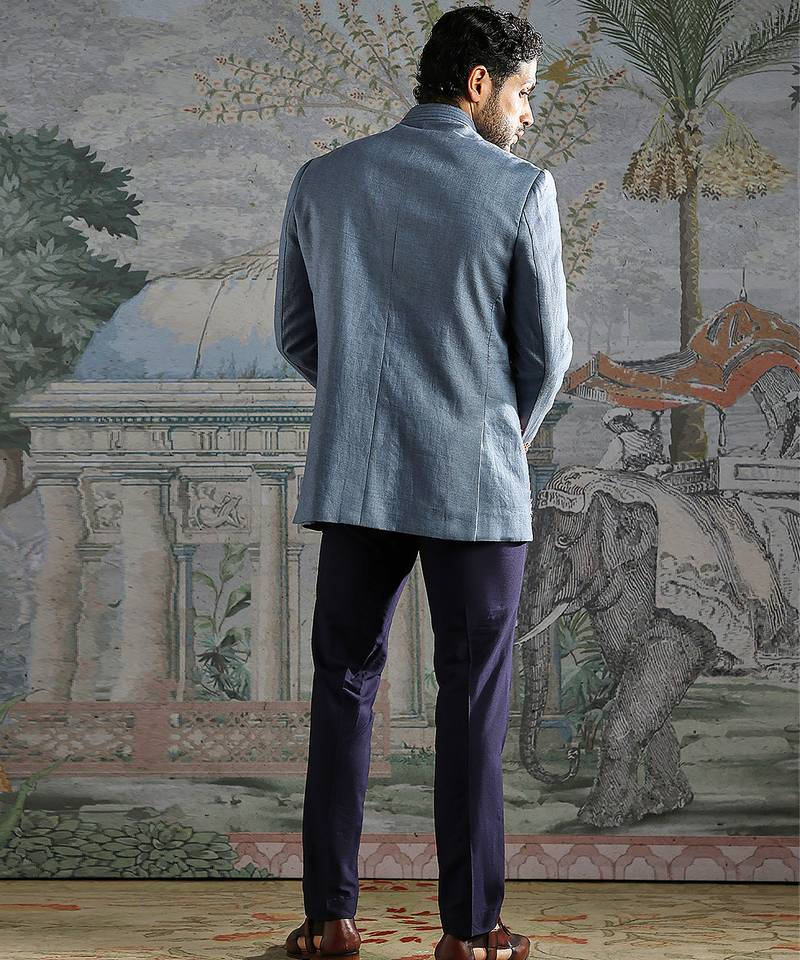 Blue embroidered linen bandhgala set