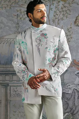 white embroidered linen jodhpuri suit for men