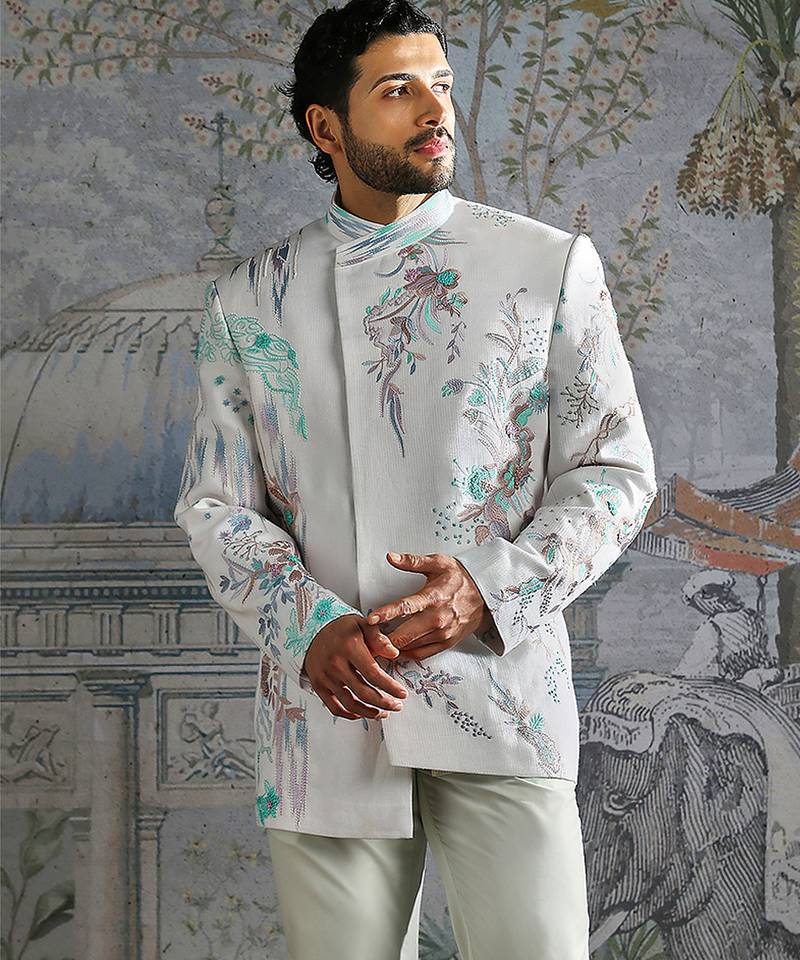 Frost White embroidered linen bandhgala set