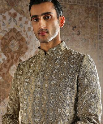 beige bandhgala woven jacquard set for men 4