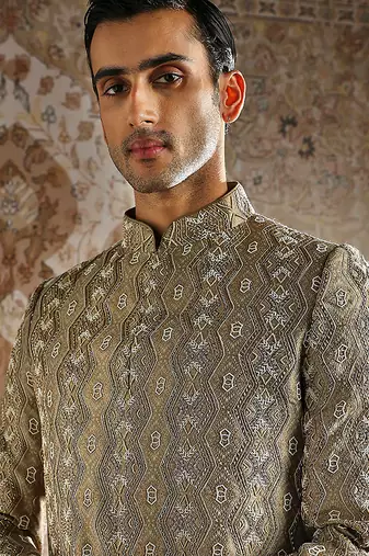 beige bandhgala woven jacquard set for men