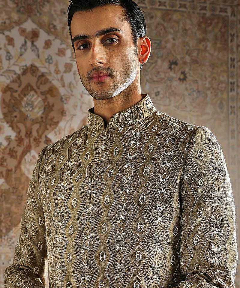 Champagne jacquard bandhgala set