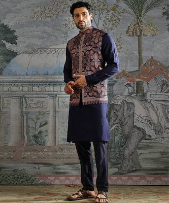 Navy Blue embroidered pashmina kurta bundi set 2