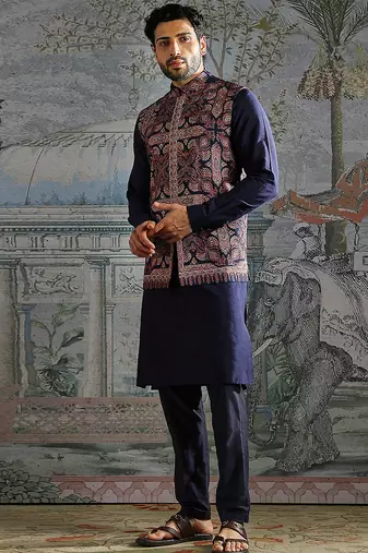 Navy Blue embroidered pashmina kurta bundi set