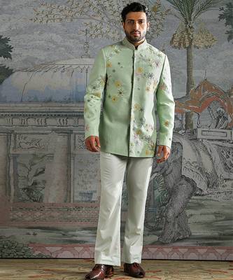 green embroidered linen bandhgala set for men 1