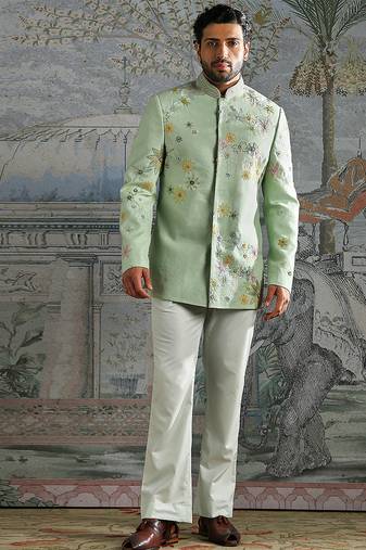 Mint Green embroidered linen bandhgala set