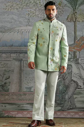 Mint Green embroidered linen bandhgala set