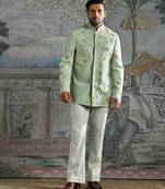Mint Green embroidered linen bandhgala set