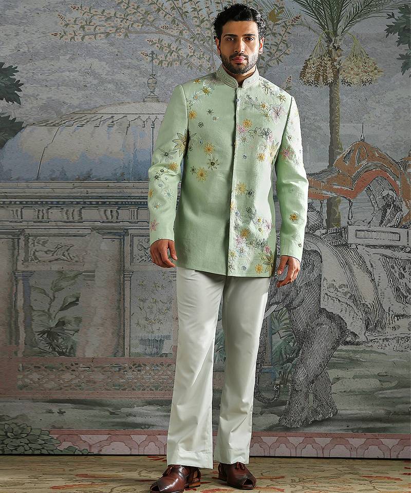 Mint Green embroidered linen bandhgala set