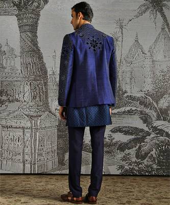 blue embroidered raw silk bandhgala set for men 4
