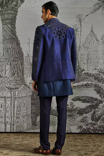 blue embroidered raw silk bandhgala set for men