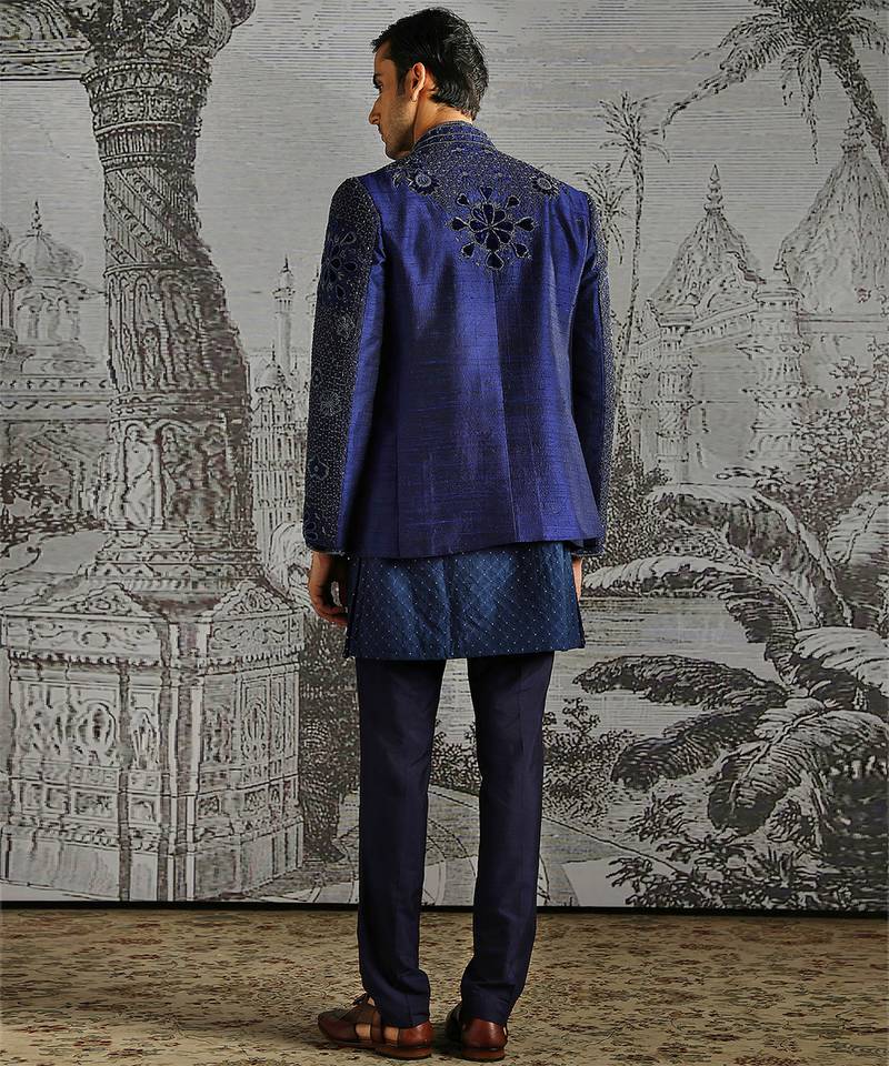 Blue embroidered raw silk bandhgala set