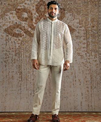 white embroidered organza bandhgala set for men 1