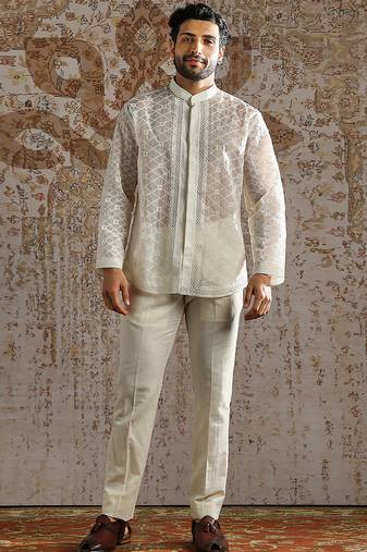 White embroidered organza bandhgala set