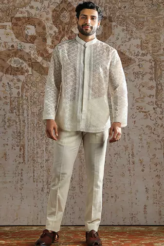 White embroidered organza bandhgala set