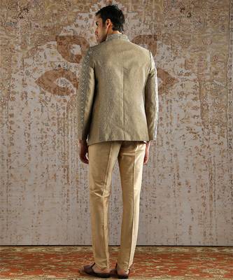 beige bandhgala woven jacquard set for men 5