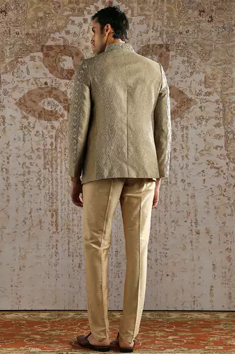 beige bandhgala woven jacquard set for men