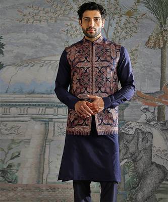 Navy Blue embroidered pashmina kurta bundi set 3
