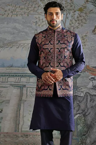 Navy Blue embroidered pashmina kurta bundi set