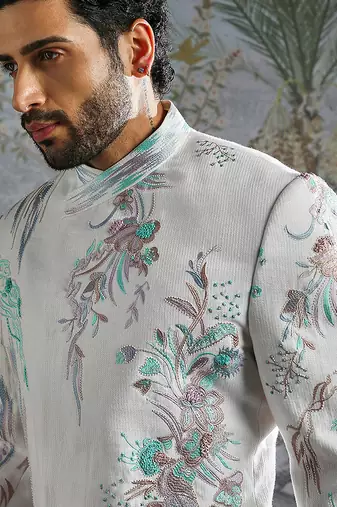 white embroidered linen jodhpuri suit for men