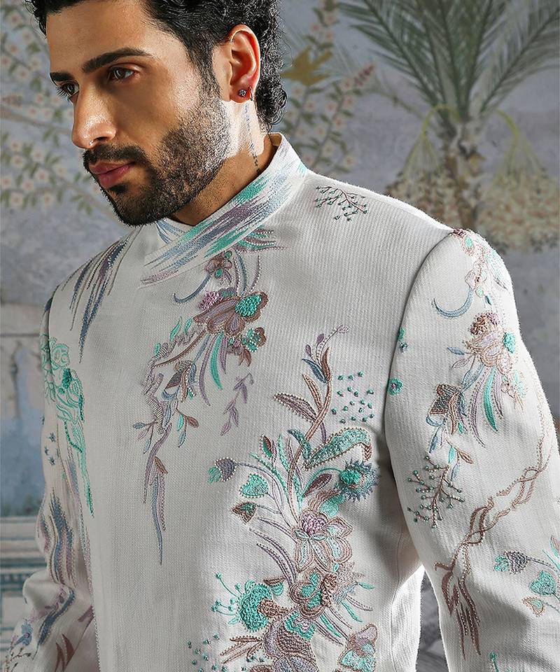 Frost White embroidered linen bandhgala set