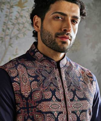 Navy Blue embroidered pashmina kurta bundi set 4
