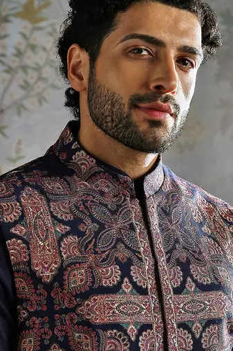 Navy Blue embroidered pashmina kurta bundi set