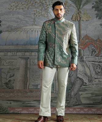 blue embroidered linen bandhgala set for men 1