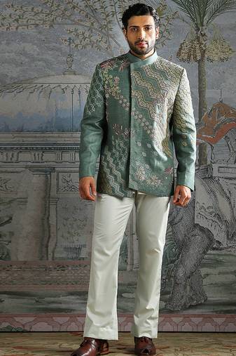 Teal Blue embroidered linen bandhgala set