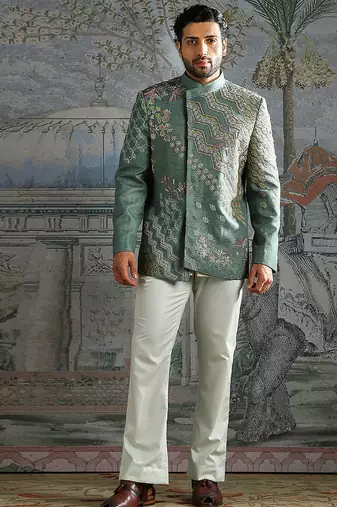 Teal Blue embroidered linen bandhgala set